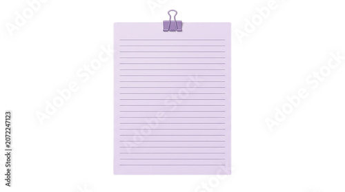 Purple lined paper sheet with a binder clip isolated on transparent background