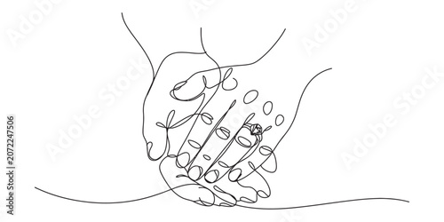 Photos Continuous line art drawing of two hands holding each other with a diamond engag