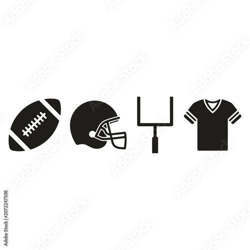 American Football Equipment Icons Set. Silhouettes of Ball, Helmet, Goalpost, and Jersey. Sport Game Pictograms Vector.