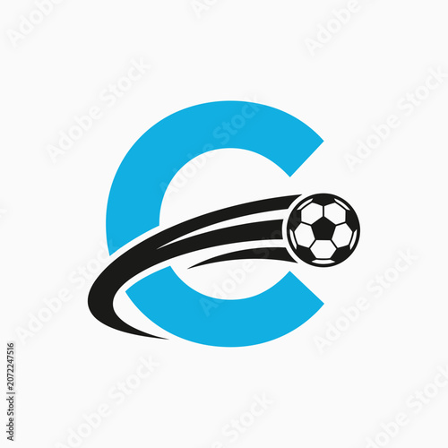 Stylized blue letter C with a flying soccer ball icon. Dynamic football graphic design concept. Sport initial logo.