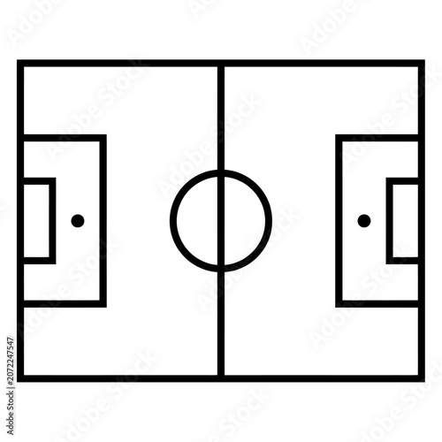 Minimalist black and white line art illustration of a soccer football field pitch layout from top view. Sports graphic design element.