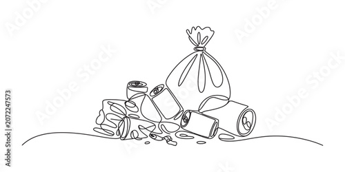 Принти на полотні Continuous line drawing of a pile of trash with a plastic bag and metal cans rep