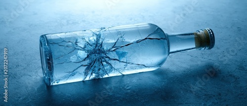 Glass bottle frozen in ice with cracks conceptual design