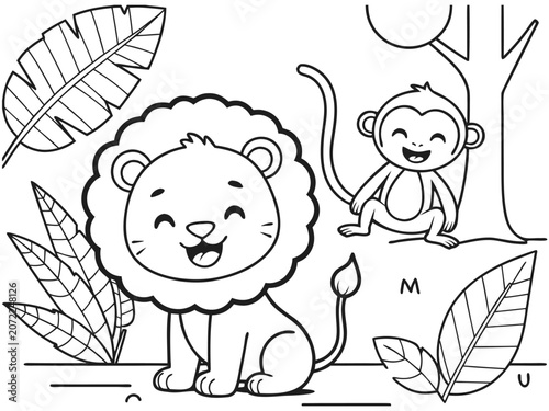 Photography Lion and monkey in jungle scene black and white skateboard coloring page
