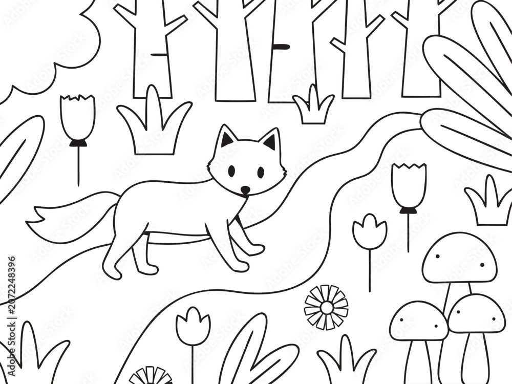 Fototapeta premium Line art illustration of a fox in a whimsical forest scene skateboard coloring page