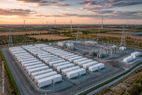 Battery Energy Storage System with Wind Turbines at Golden Hour