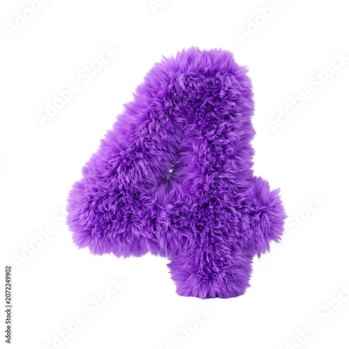 3d rendering of a fluffy purple number four isolated on transparent background