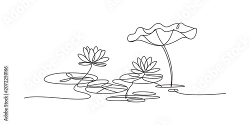 Canvastavla Continuous single line drawing of two blooming lotus flowers and lily pads in a