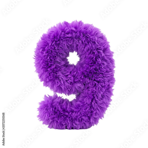 3d render of a fluffy purple number nine isolated on transparent background