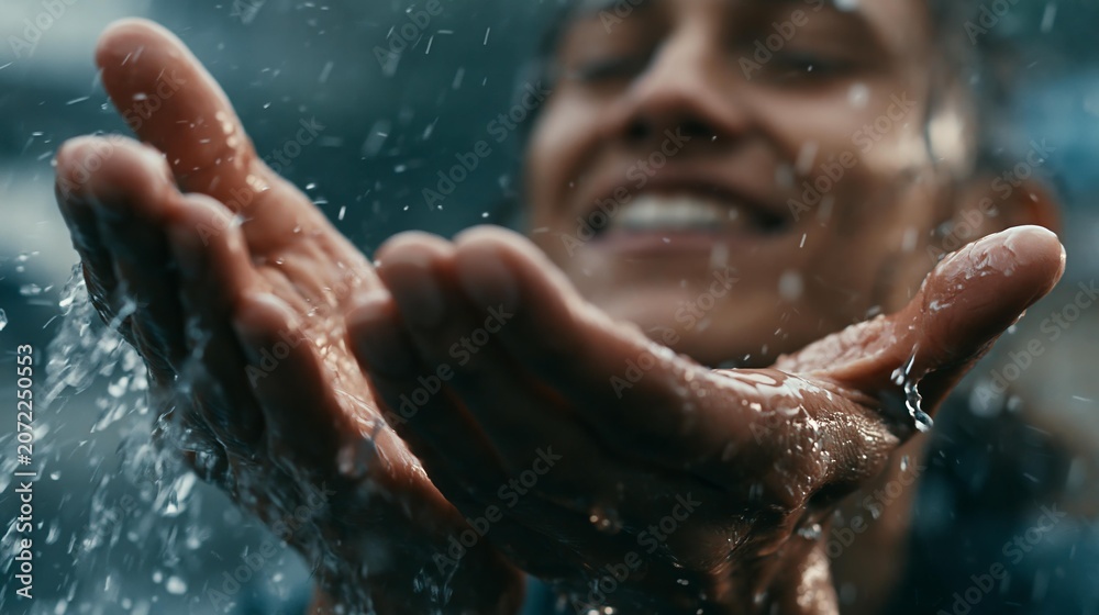 Fototapeta premium Close up of hands catching rainwater with a joyful expression