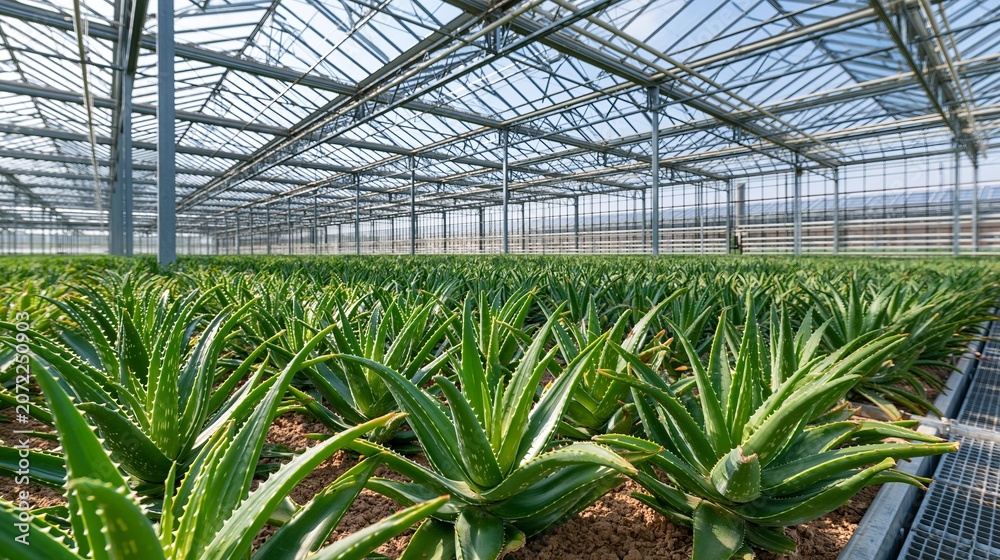 Fototapeta premium Rows of aloe vera plants growing inside a modern greenhouse under a clear sky