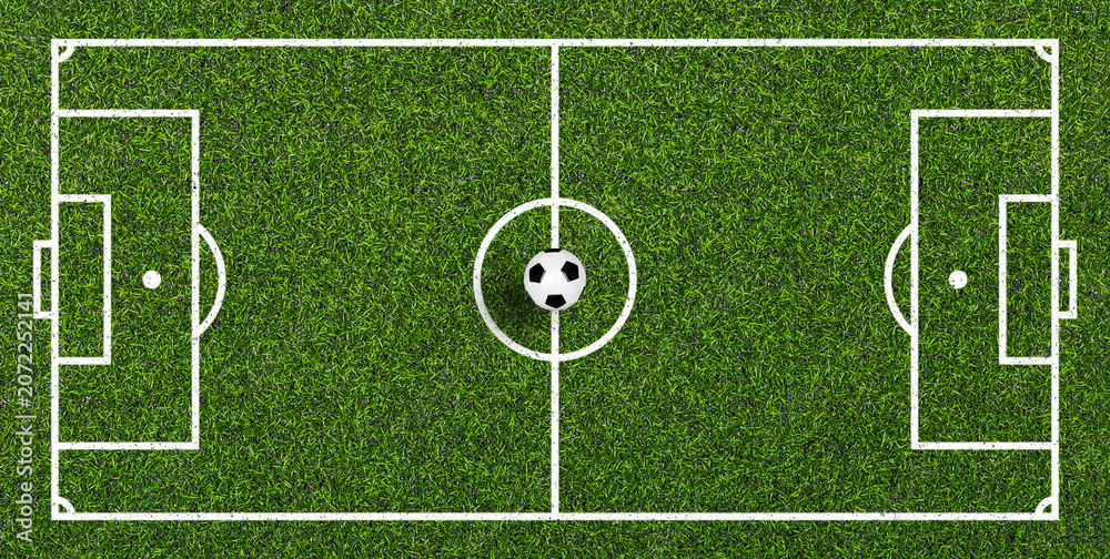 Fototapeta premium Soccer ball on full artificial soccer field top view
