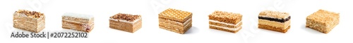 Sour cream cake, Napoleon cake, honey cake. Set of biscuit cakes with nuts and honey isolated on white background. Sweets, dessert and pastry, wide banner