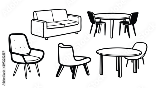 Modern Furniture Line Art Vector Set with Chairs, Tables, Sofa and Armchairs, Minimalist Interior Furniture Outline Collection