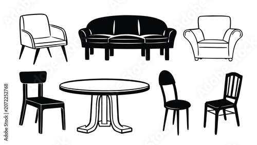 Modern Furniture Line Art Vector Set with Chairs, Tables, Sofa and Armchairs, Minimalist Interior Furniture Outline Collection