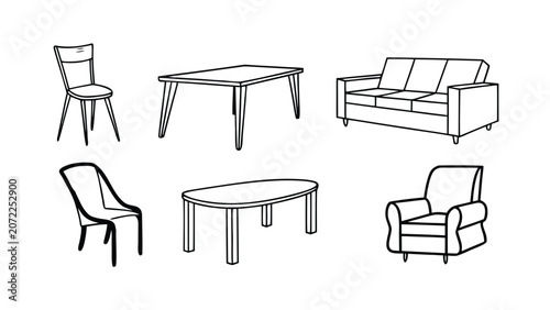 Modern Furniture Line Art Vector Set with Chairs, Tables, Sofa and Armchairs, Minimalist Interior Furniture Outline Collection