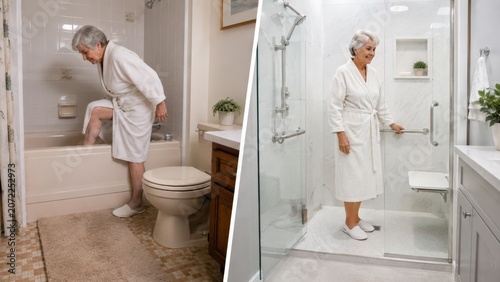 Elderly woman and walk-in shower for safer bathing