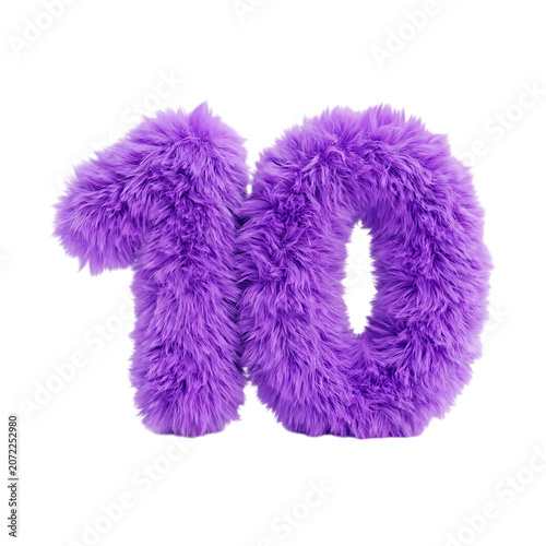 3d render of the number 10 made of purple fluffy fur isolated on transparent background