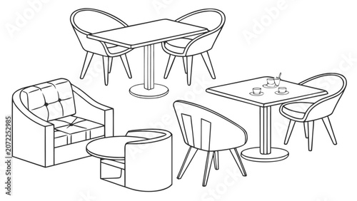 Modern Furniture Line Art Vector Set with Chairs, Tables, Sofa and Armchairs, Minimalist Interior Furniture Outline Collection