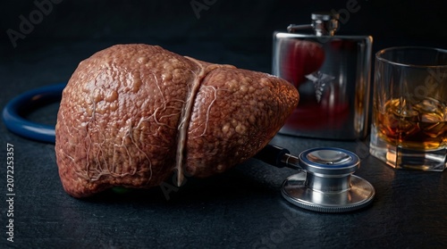 Diseased human liver with alcohol bottle and glass, cirrhosis hazard awareness, unhealthy lifestyle warning, medical science.