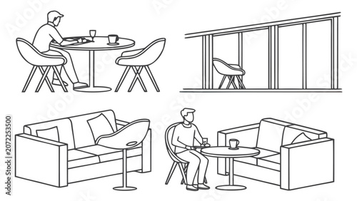 Modern Furniture Line Art Vector Set with Chairs, Tables, Sofa and Armchairs, Minimalist Interior Furniture Outline Collection
