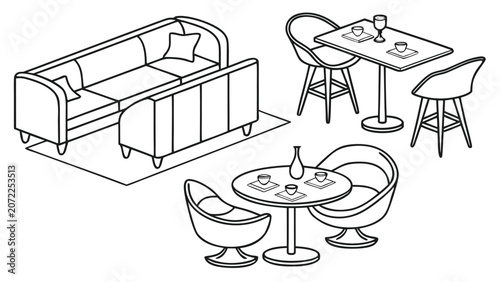 Modern Furniture Line Art Vector Set with Chairs, Tables, Sofa and Armchairs, Minimalist Interior Furniture Outline Collection