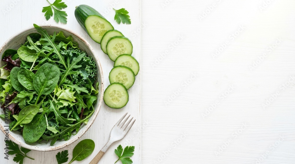 Obraz premium Fresh Mixed Green Salad and Sliced Cucumber on White Wood