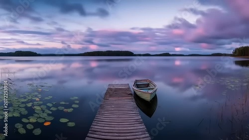 Evening lake scene with boat pier and reflecting clouds tranquil water
