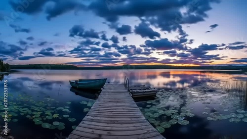 Evening lake scene with dock boat and dramatic sky reflection