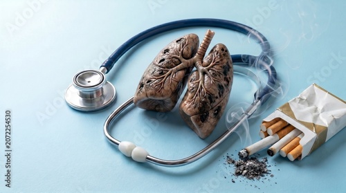 Human lungs models with cigarette packs and ash on blue, lung health warning, smoking cessation concept, respiratory medicine.