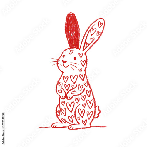 Cute handdrawn rabbit illustration with heart pattern isolated on transparent background