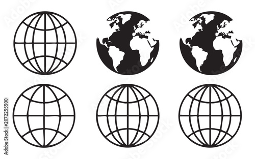 Tableau sur toile Set of globe icons featuring world map continents and latitude longitude grid lines for graphics