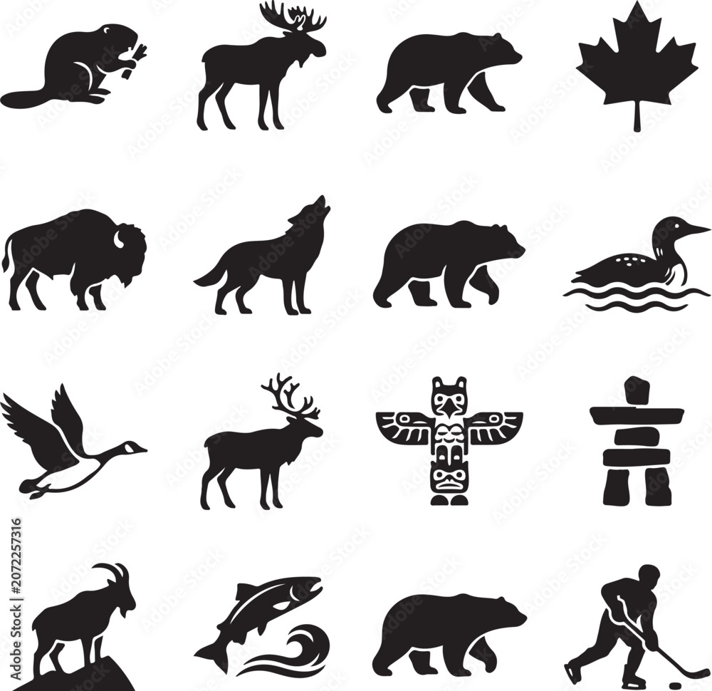 Obraz premium Canadian wildlife black vector silhouette icon set featuring moose beaver bear wolf bison and hockey players