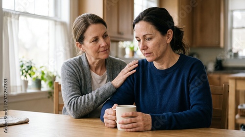 An adult family caregiver sits at a kitchen table while another adult offers quiet support. The image represents caregiver wellbeing, emotional support, and everyday care work.