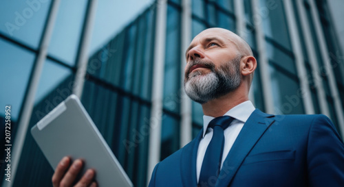 Businessman looking upward while holding tablet, portraying vision, inspiration, and future thinking in the context of digital transformation and leadership in mobile business.