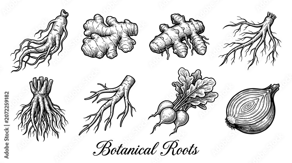 Fototapeta premium Hand Drawn Botanical Roots and Tubers Collection, Vintage Engraving Style Vector Illustration featuring Ginger, Ginseng, Turmeric, Onion, Radish, and Fibrous Roots