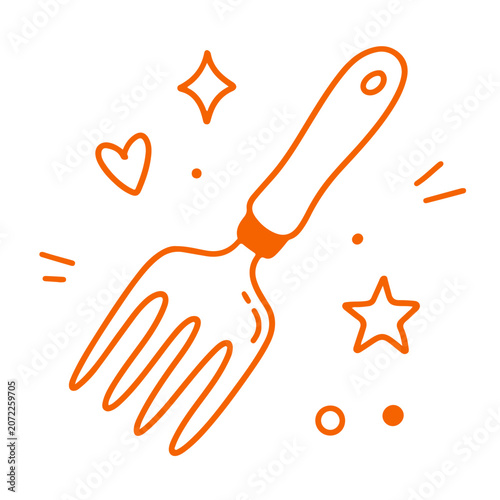 A simple orange line drawing of a garden fork with decorative elements on a white background. Doodle