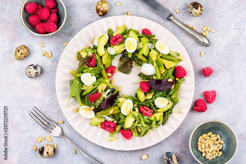 Spring Salad with Avocado, Asparagus, Quail Eggs and Pine Nuts