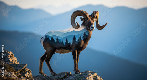 Double exposure ram on mountain peak mountain goat horns trees