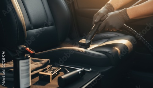 Gloved hands use a vacuum attachment to clean the black leather seat of a vehicle interior with cleaning supplies nearby on a tray