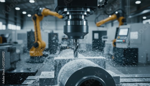 Automated robotic arm precision drills a metal workpiece inside a busy modern manufacturing factory floor filled with industrial machinery