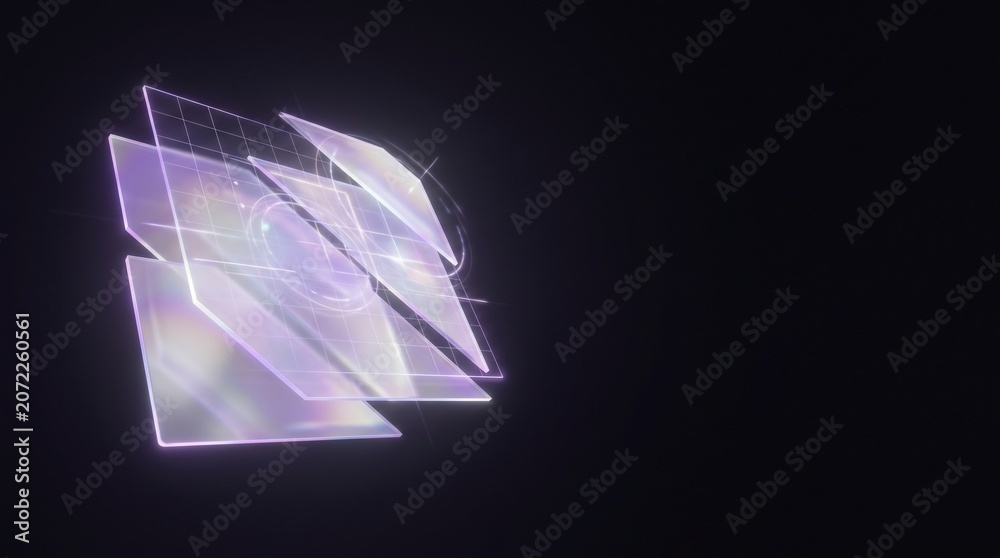 Fototapeta premium Holographic interface abstract visualization with floating transparent panels, lilac pastel glow, iridescent shimmer, volumetric light diffusion.