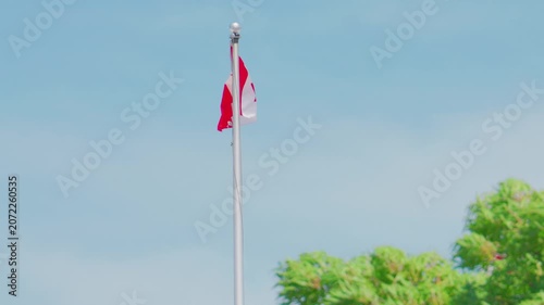 National flag of Canada waving on tall metal flagpole