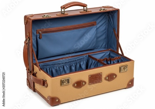 Open vintage brown suitcase with colorful clothes packed inside for travel