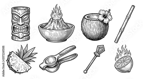 Vintage Hand Drawn Tiki Bar and Tropical Cocktail Icons Set with Tiki Mask Volcano Bowl Coconut and Pineapple Engraving Style Vector Illustration