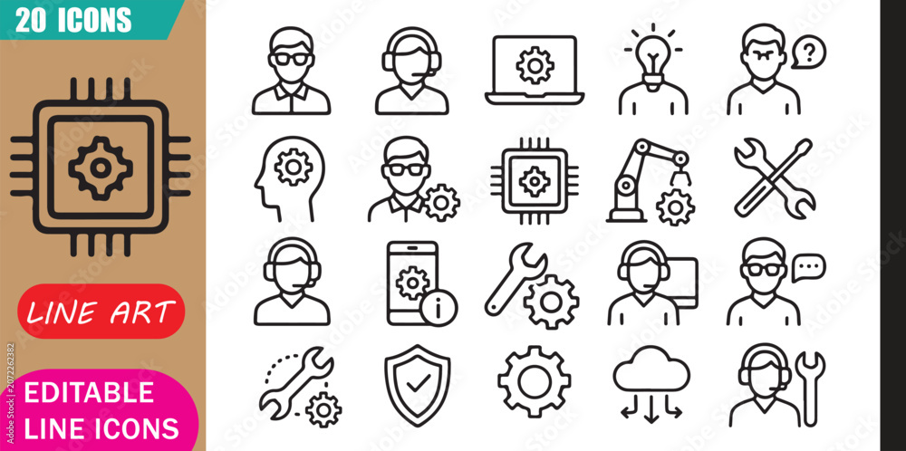 Fototapeta premium Technical expert icons set, 20 editable line art icons set, technical expert, technology specialist innovation, engineering support knowledge, digital service theme style, clean outline vector