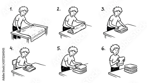 Illustration of a boy folding a blanket step by step