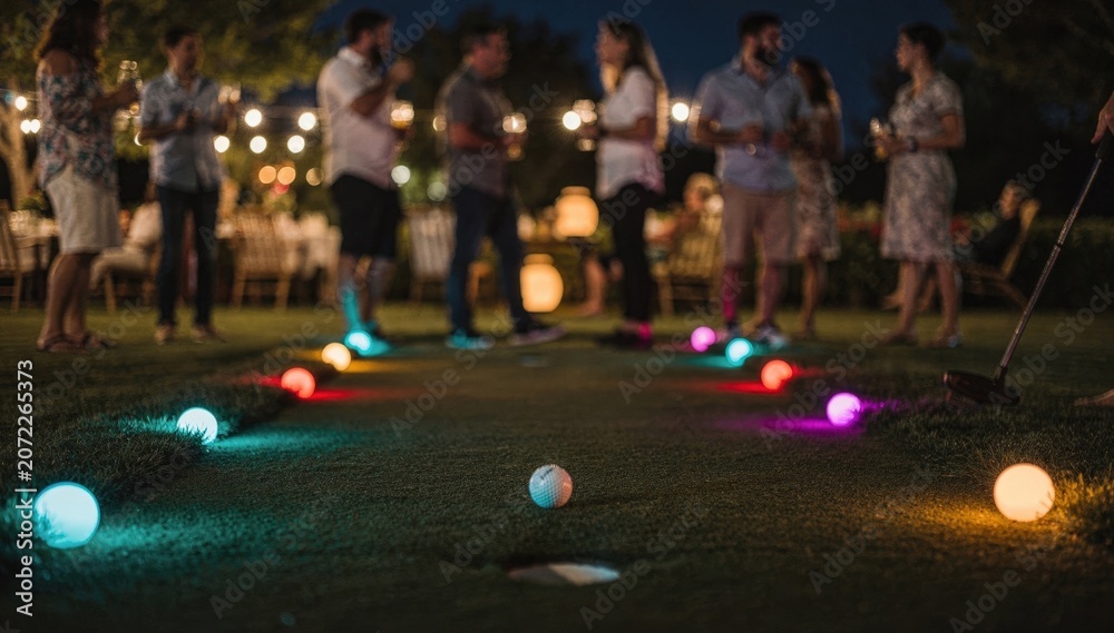 Fototapeta premium Medium shot featuring a nighttime putting green with colorful path lighting and blurred background elements emphasizing a relaxed social gathering vibe.