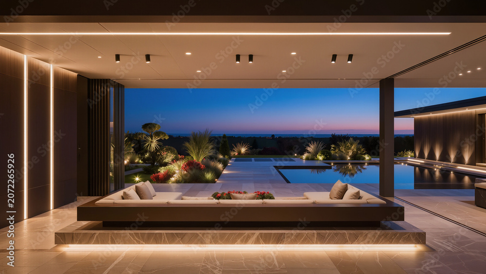 Fototapeta premium Luxury Outdoor Living Area with Modern Design and Sunset View