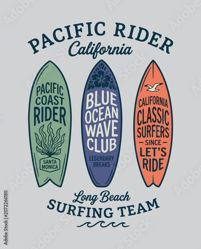 Photography Retro California surfing t-shirt graphic featuring three illustrated surfboards in green blue and orange with vintage typography beach club motifs and coastal bird elements on gray